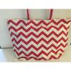 LARGE BEACH STRAW tote bag lined PINK WHITE chevron stripe pocket  NEW TAGS #2 small image