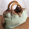 Fossil Handbag Satchel Bag Green Woven Straw Wooden Handle Leather Trim W Key