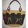 FOSSIL HATHAWAY tan and black crochet woven  floral straw shopper tote bag #2 small image