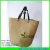 LDSC-011 handmade cheap straw handbags black pu leather handles lady water grass straw beach bag