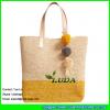 LDLF-013 natural color and light yellow striped raffia tote pom poms straw raffia bag for women travel on beach