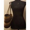 Straw Stripe Beach Shoulder Tote Purse Bag ~ Brown &amp; Natural ~ Bronze Handles