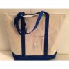 LARGE zippered CANVAS beach cotton natural tote bag pocket DARK BLUE trim NEW