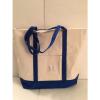 LARGE zippered CANVAS beach cotton natural tote bag pocket DARK BLUE trim NEW