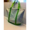 LARGE zippered CANVAS beach cotton natural tote bag pocket LIME GREEN trim NEW