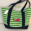 PINK WHALE CANVAS green STRIPED beach cotton natural tote bag EMBROIDERED NEW