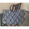VTG: Navy Blue and White Pattern Print Straw Weave Beach Bag