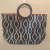 VTG: Navy Blue and White Pattern Print Straw Weave Beach Bag #2 small image