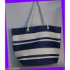 Victoria&#039;s Secret Striped BLUE &amp; WHITE Canvas Beach Tote Bag w/ Rope Handles