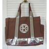 Authentic TORY BURCH Women canvas Beach Tote bag Brown &amp; Metallic Medium size