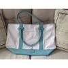 Leather and Coated Canvas Beach Bag / Tote - Turquoise and Cream - 22 in wide #4 small image
