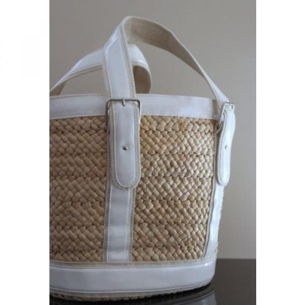 Straw and Cream Patent Leather Bucket Beach Bag #2 image