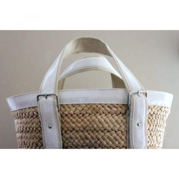 Straw and Cream Patent Leather Bucket Beach Bag #4 image
