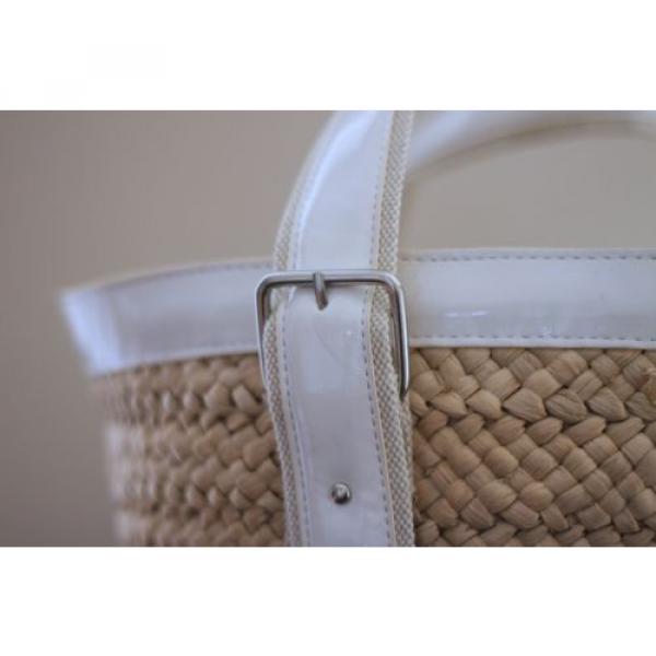 Straw and Cream Patent Leather Bucket Beach Bag #5 image