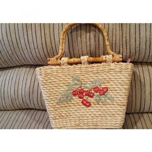 Vintage Cappelli Sequin Cherries Large Straw Bag Handbag Gingham RedPlaid Lining #1 image