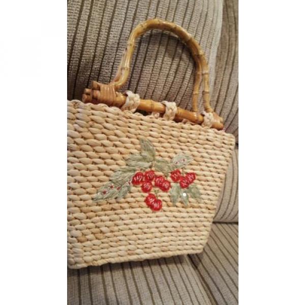 Vintage Cappelli Sequin Cherries Large Straw Bag Handbag Gingham RedPlaid Lining #2 image