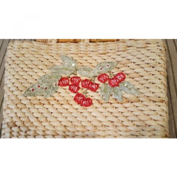 Vintage Cappelli Sequin Cherries Large Straw Bag Handbag Gingham RedPlaid Lining #3 image