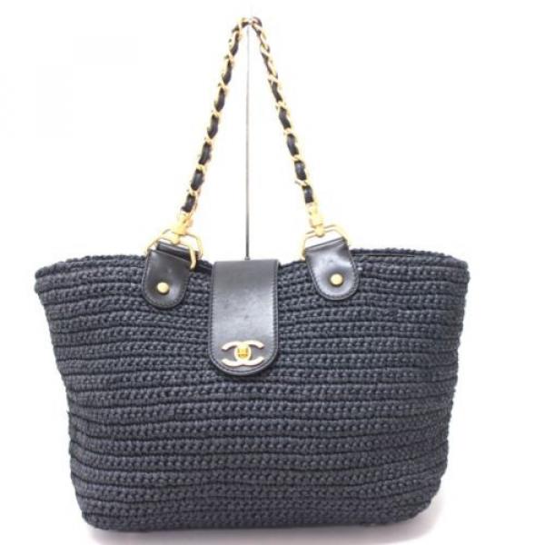 AUTHENTIC CHANEL Straw Weaved Chain Tote Bag Navy #1 image