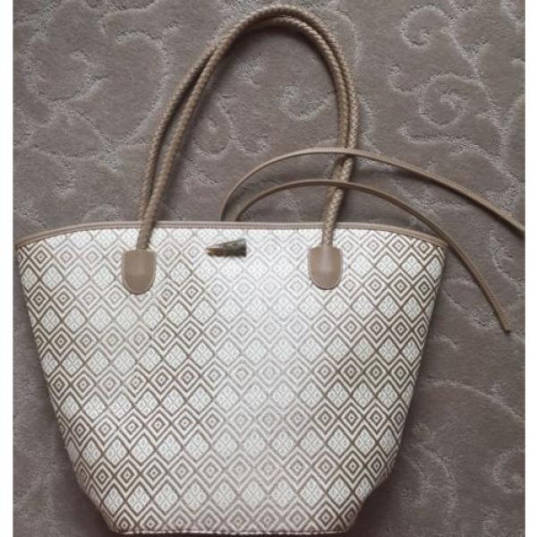 NEIMAN MARCUS~Camp Gorgeous Nude Tan &amp; White Straw Woven Pattern Large Tote Bag #1 image