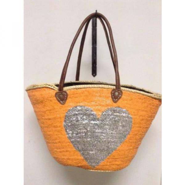 French Market Basket Sparkling Sequin Leather Straw Tote Bag Heart Moroccan #1 image