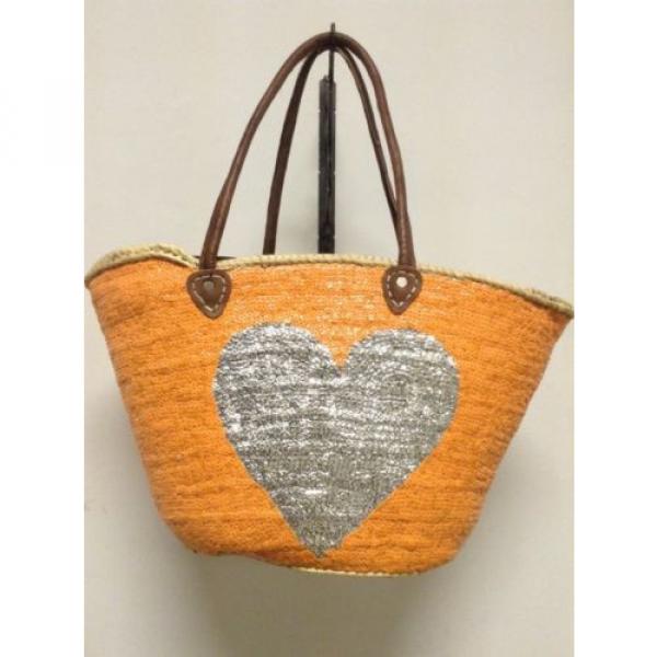 French Market Basket Sparkling Sequin Leather Straw Tote Bag Heart Moroccan #2 image