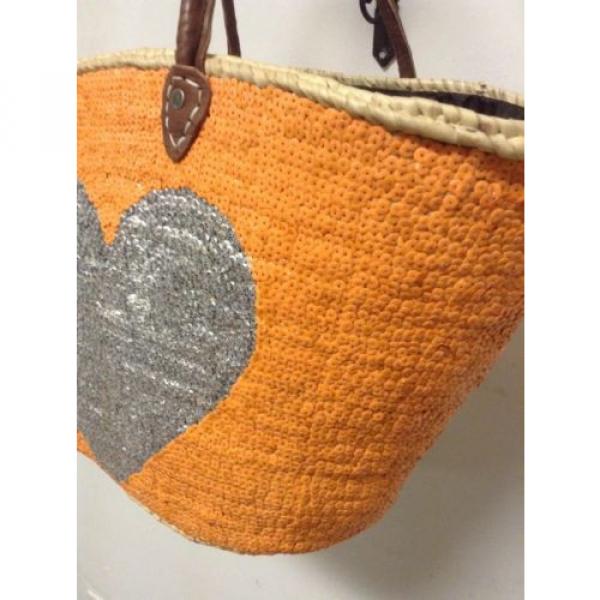 French Market Basket Sparkling Sequin Leather Straw Tote Bag Heart Moroccan #3 image