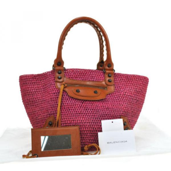 Auth BALENCIAGA Raffia Hand Tote Bag Pink Brown Straw Leather Vintage V07288 #1 image