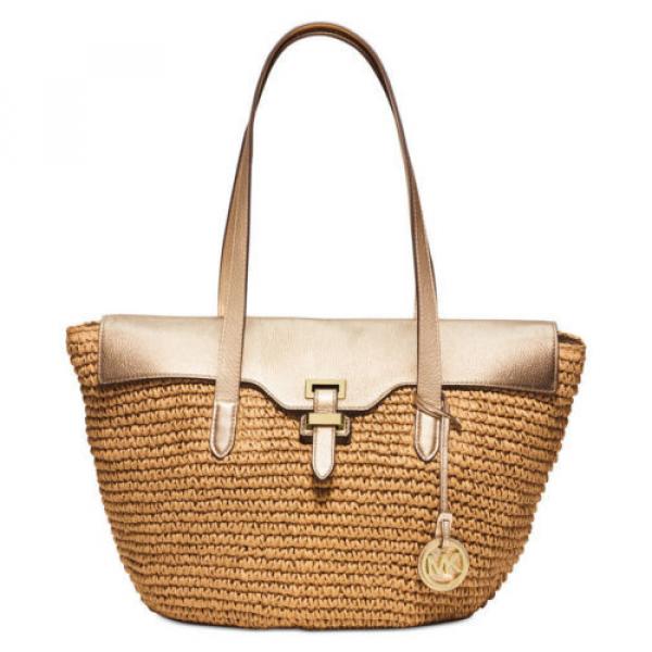 $298 Michael Kors STRAW NAOMI Walnut Pale Gold Large Tote Bag Handbag Purse NEW #5 image