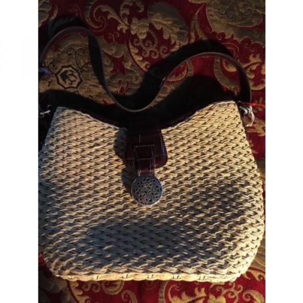 BRIGHTON Wicker Straw Woven Leather Trim Heart Charm Basket Bag Purse - Medium #1 image