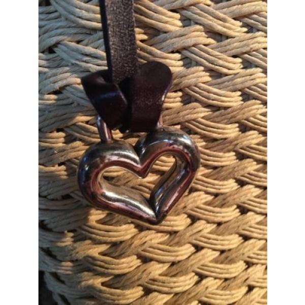 BRIGHTON Wicker Straw Woven Leather Trim Heart Charm Basket Bag Purse - Medium #3 image
