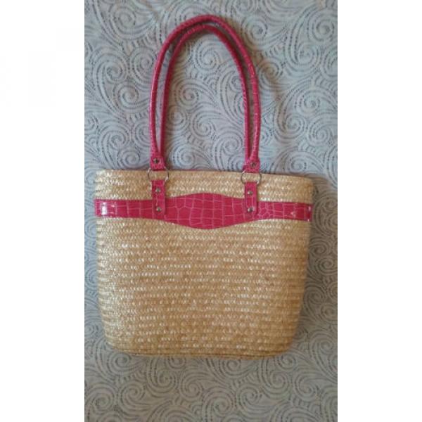NWOT Large Straw Beach Bag Tote With Magenta Faux Leather Handles #1 image