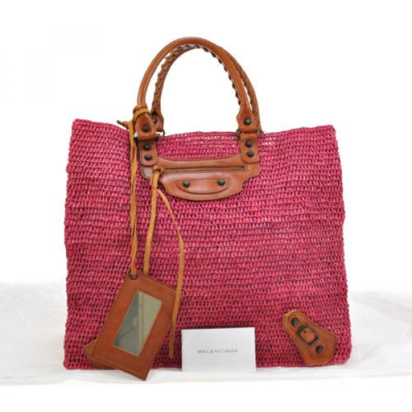 Auth BALENCIAGA Classic Raffia Hand Tote Bag Pink Brown Straw Leather V08045 #1 image