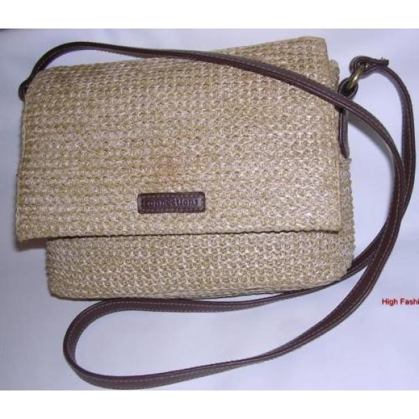 Vtg CONNECTION Leather Trim Straw Purse FLAP SLING Dark Brown Beige Shoulder Bag #1 image