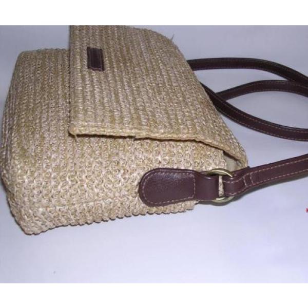 Vtg CONNECTION Leather Trim Straw Purse FLAP SLING Dark Brown Beige Shoulder Bag #3 image