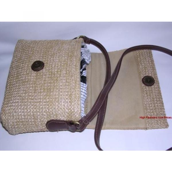 Vtg CONNECTION Leather Trim Straw Purse FLAP SLING Dark Brown Beige Shoulder Bag #4 image