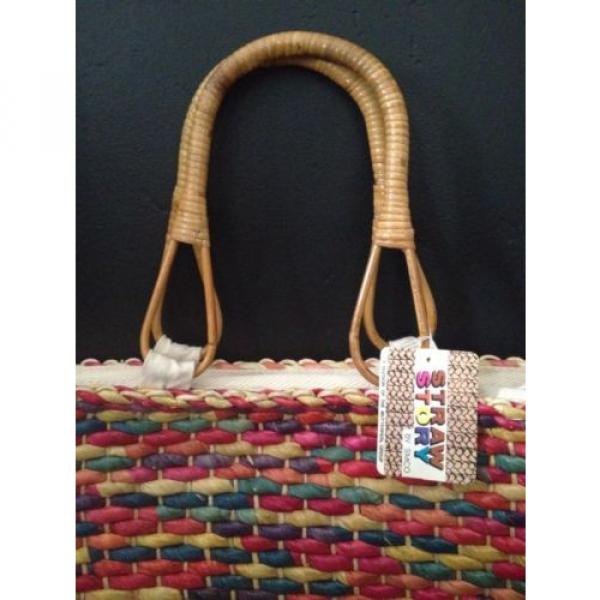 NWT Vintage Woven Straw &amp; Bamboo Handles Bohemian African Market Tote Bag Purse #2 image