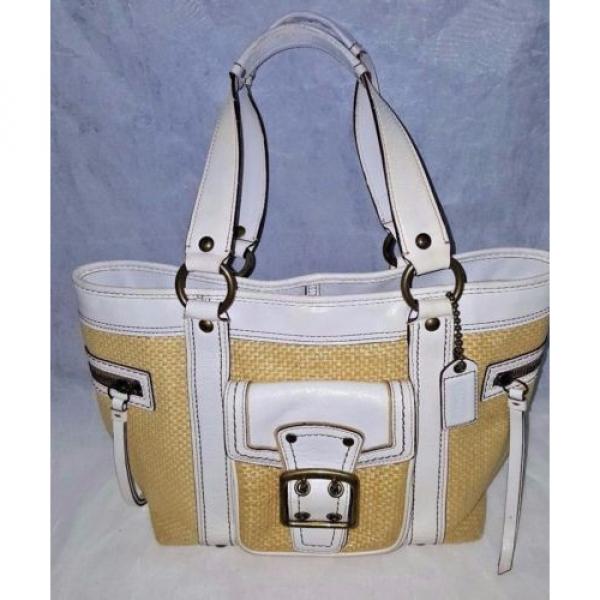 Coach LEGACY Straw &amp; White Leather Medium Large Buckle Pocket Tote Handbag Bag #1 image
