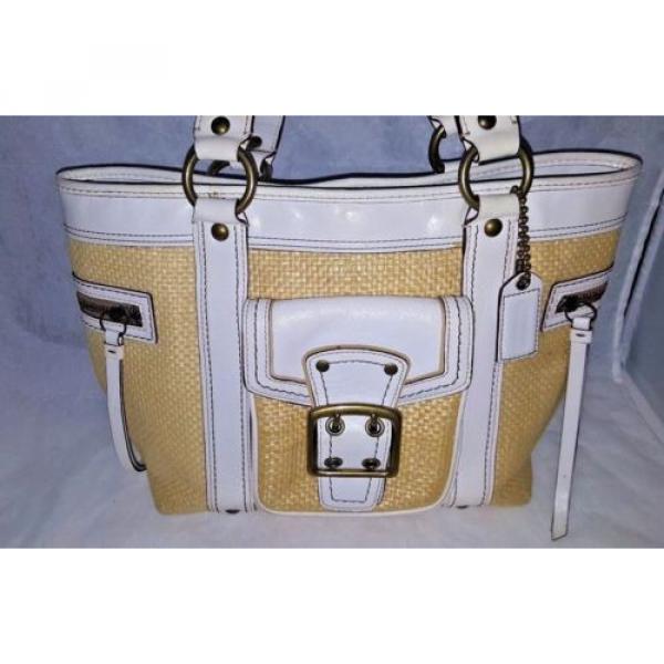 Coach LEGACY Straw &amp; White Leather Medium Large Buckle Pocket Tote Handbag Bag #2 image