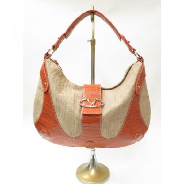 Valentino Bag Catch Croc Embossed Leather and Straw Large Hobo Beige and Coral #1 image