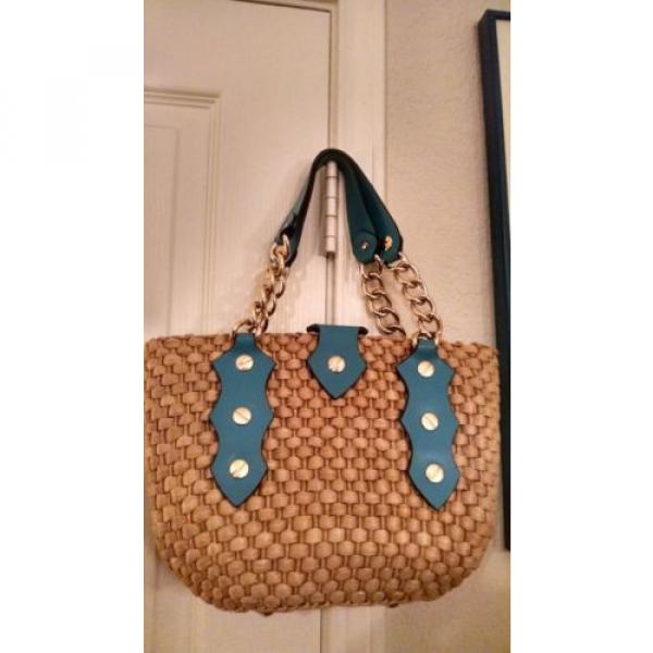 MICHAEL KORS Santorini Straw Shopper Tote Bag Turquoise Leather Gold Chain Purse #1 image