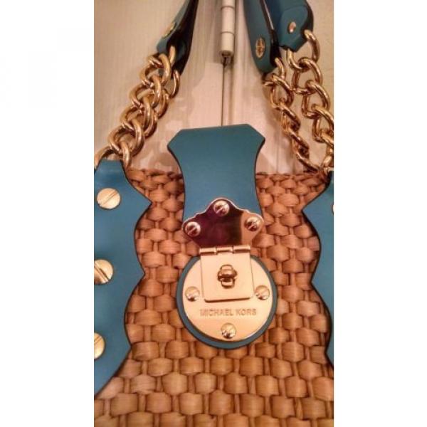 MICHAEL KORS Santorini Straw Shopper Tote Bag Turquoise Leather Gold Chain Purse #5 image