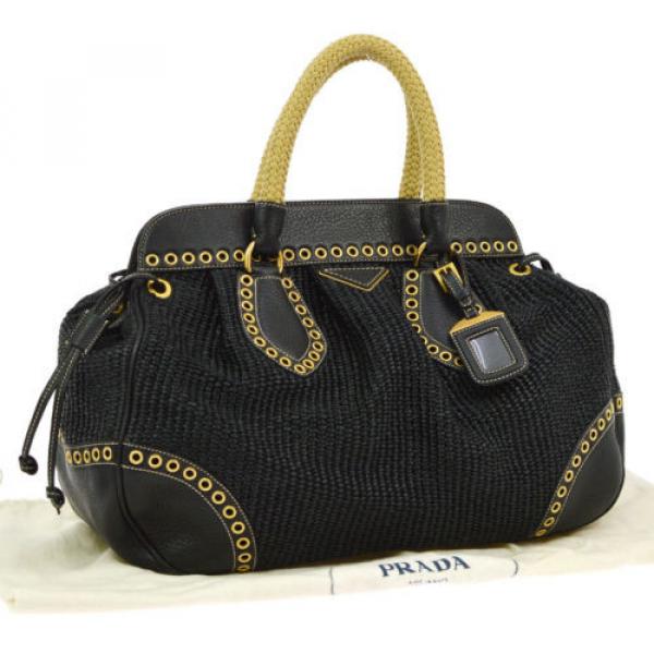 Authentic PRADA Logos Hand Bag Purse Black Beige Straw Leather Italy NR09017 #1 image