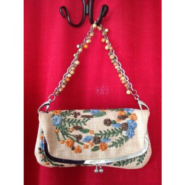 Rafe, NWOT, Floral Embroidered Straw Shoulder Bag, Beaded Chain Strap #1 image