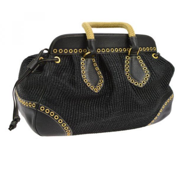 Authentic PRADA Logos Hand Bag Purse Black Beige Straw Leather Italy NR09017 #2 image