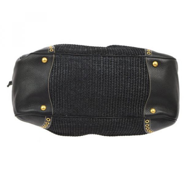 Authentic PRADA Logos Hand Bag Purse Black Beige Straw Leather Italy NR09017 #3 image