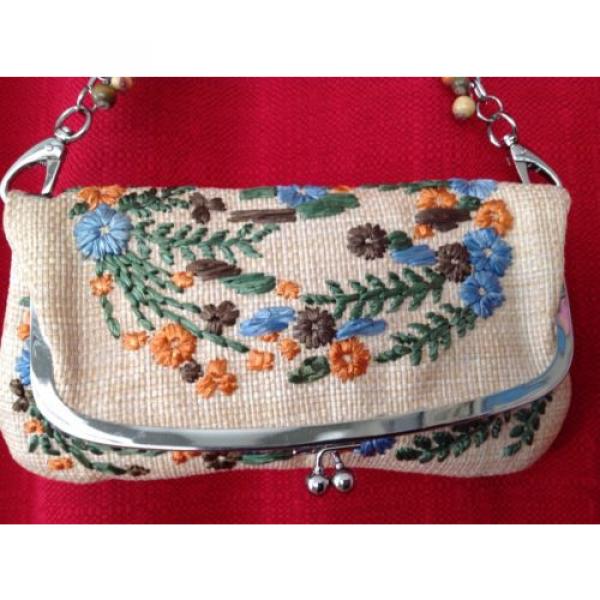 Rafe, NWOT, Floral Embroidered Straw Shoulder Bag, Beaded Chain Strap #2 image