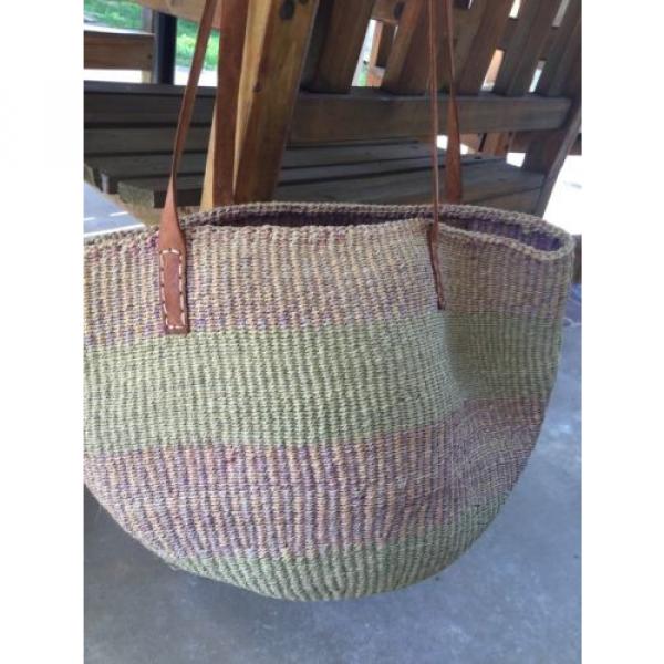 Vtg Leather Strap Light Purple Straw Woven Basket Bucket Shoulder Bag Purse Sack #1 image
