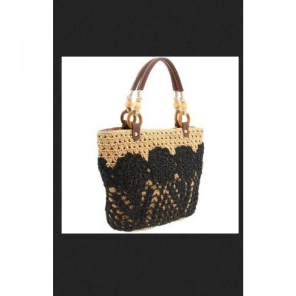 FOSSIL HATHAWAY tan and black crochet woven  floral straw shopper tote bag #1 image