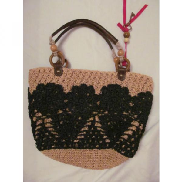 FOSSIL HATHAWAY tan and black crochet woven  floral straw shopper tote bag #5 image