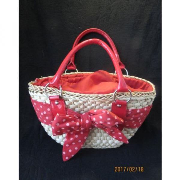 Womens Red Polka Dot &amp; Vinyl Fabric Lined Straw Carry Bag Unique #2 image